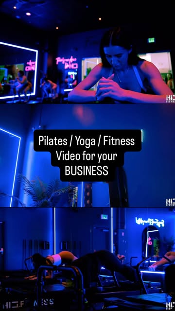 Blue-lit fitness studio video campaign frames